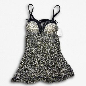 NWT Leopard Print Lace Trim Babydoll Chemise Lingerie Yellow Black Animal Print